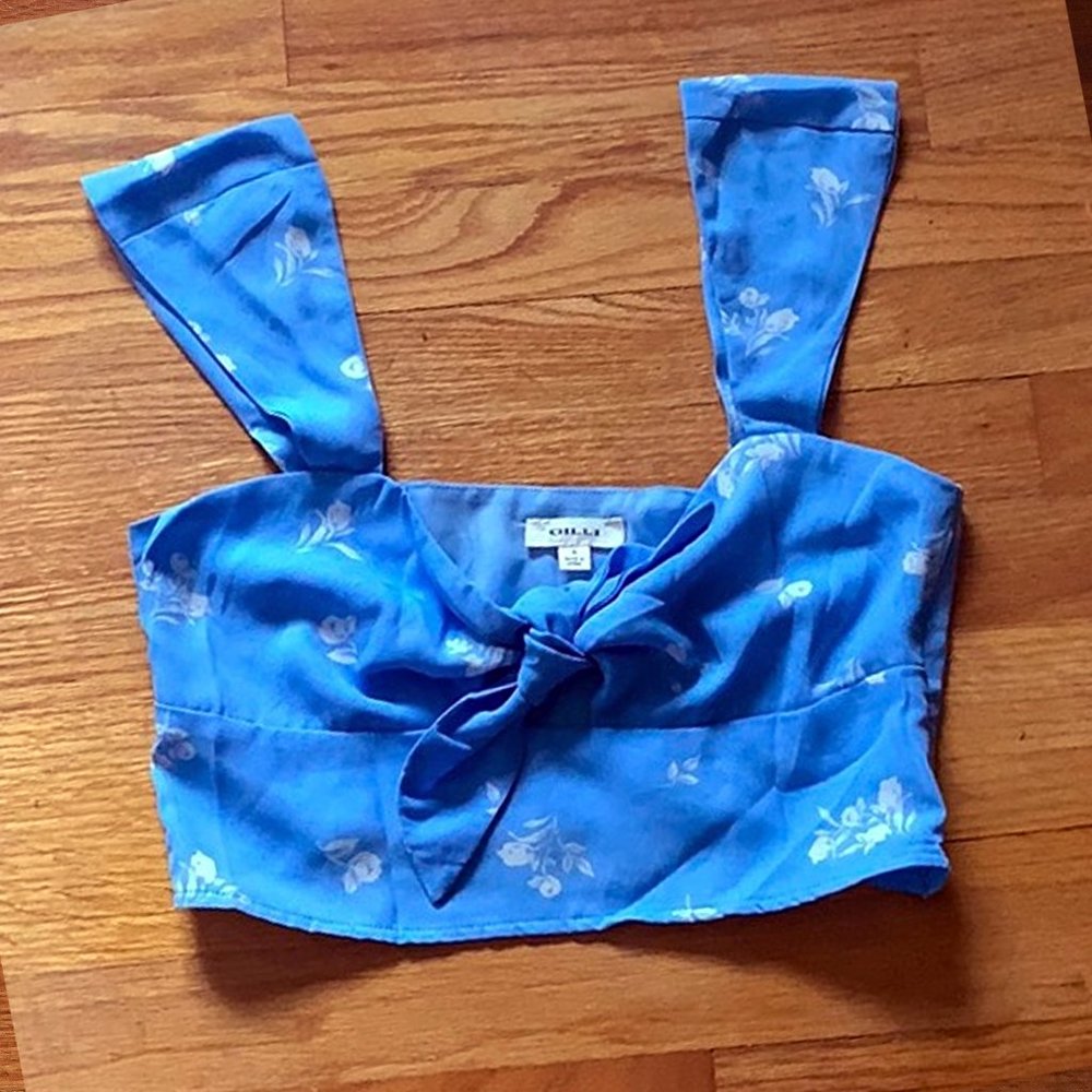 Blue Floral Tie-front Crop Top (w/ side zipper)